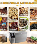Multifunctional baking machine with images of coffee bean, walnuts, peanuts, cocoa bean, red beans, melon seeds, black bean, and popcorn.