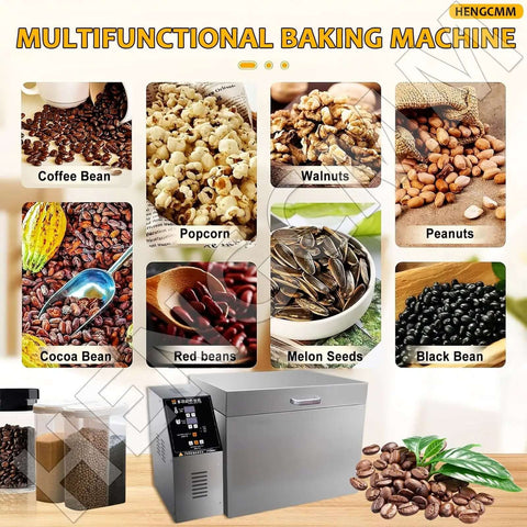 Multifunctional baking machine with images of coffee bean, walnuts, peanuts, cocoa bean, red beans, melon seeds, black bean, and popcorn.