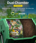 43 Gallon Dual Chamber Compost Tumbler For Easy Outdoor Garden Composting With Sliding Door Rotating Bin Tumbling Composter In Green Durable UV Protected Plastic Drum Built To Last In Any Weather