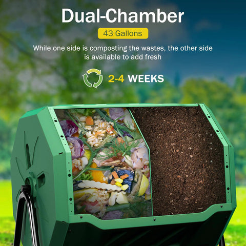 43 Gallon Dual Chamber Compost Tumbler For Easy Outdoor Garden Composting With Sliding Door Rotating Bin Tumbling Composter In Green Durable UV Protected Plastic Drum Built To Last In Any Weather