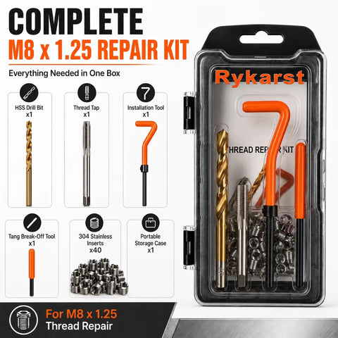 Heavy Duty M8x1.25 Thread Repair Kit With Premium HSS Drill Bit And 40 Pieces Of 304 Stainless Steel Inserts For Snug And Tight Metal Fixes That Last. Open case with drill bit, tap, and inserts