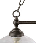 Close-up of chain and bulb housing on Farmhouse Chandelier Hanging Light Fixture in rustic black metal with clear glass shade