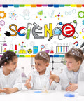 Chemical Science Backdrop Banner Decorations Extralarge Kid Friendly Classroom Lab Party Themed Background With Colorful Scientific Elements Perfect For School Projects Birthday Celebrations And Scientist Themed Events No Drill Easy Setup with kids in lab coats