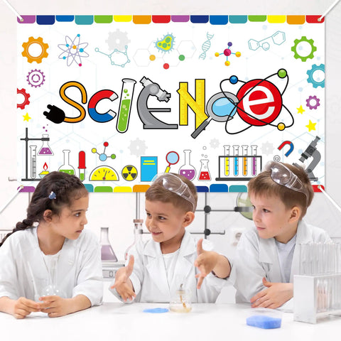 Chemical Science Backdrop Banner Decorations Extralarge Kid Friendly Classroom Lab Party Themed Background With Colorful Scientific Elements Perfect For School Projects Birthday Celebrations And Scientist Themed Events No Drill Easy Setup with kids in lab coats
