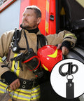 Firefighter with SCBA gear beside a truck. Inset: Beefy Quick Release Shackle Clip For SCBA Mask, Heavy Duty 316 Stainless Steel Snap Shackle.