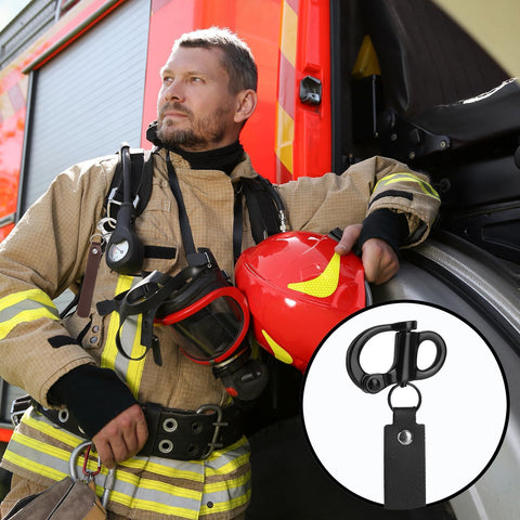 Firefighter with SCBA gear beside a truck. Inset: Beefy Quick Release Shackle Clip For SCBA Mask, Heavy Duty 316 Stainless Steel Snap Shackle.