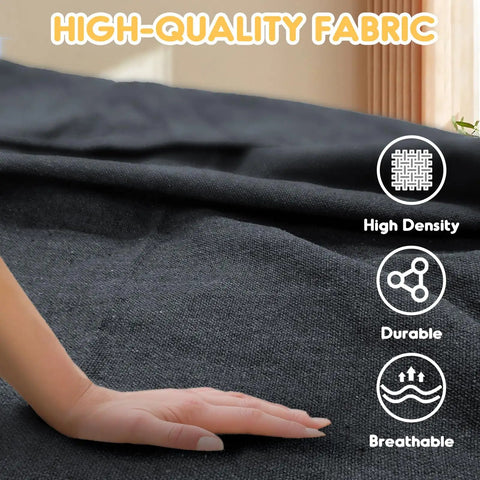 Close-up of hand touching high-quality fabric, labeled high density, durable, breathable, for Cotton Portable Camping Hammock With Tree Straps Up To 660 Lbs Travel Bag Indoor Outdoor Patio Backyard Comfort Fabric Hammock For Relaxation All Season Lounging Anywhere.