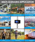 Image showing 8 scenarios for 1000Kg Heavy Duty Crane Scale With Backlit LCD Digital Hanging Scale Data Hold Tare And Unit Switch Auto Off Aluminum Alloy Industrial Scale For Factory Construction Farm Built Tough For Real, including workshop and port.