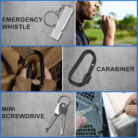30 In 1 Survival Kit For Adventurers Gear Up Emergency Outdoor Essentials showing whistle, carabiner, mini screwdriver
