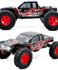 1/18 RC Crawler Pro Juice Up Edition RTR With HBW Electronics, brushless 4WD, red wheels, side view of rock crawler