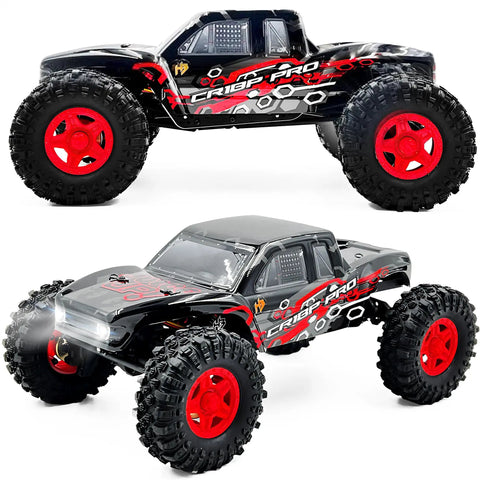 1/18 RC Crawler Pro Juice Up Edition RTR With HBW Electronics, brushless 4WD, red wheels, side view of rock crawler