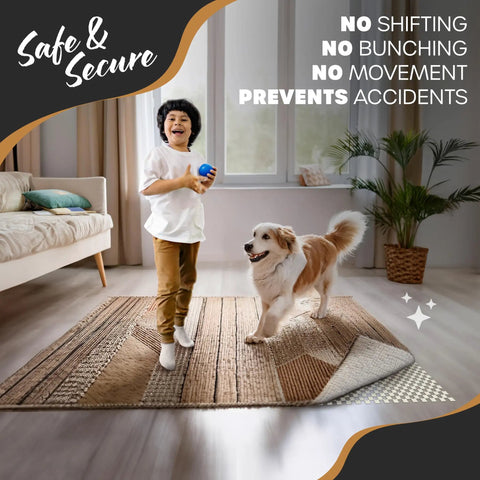 Child and dog playing on rug secured by Non Slip Rug Pad Roll 2 Ft By 60 Ft For Runners And Large Rugs Strong Suction Anti Slip Gripper