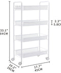 4 Tier Rolling Utility Storage Cart On Wheels In White Carbon Steel With Epoxy Coated Finish Heavy Duty Shelf Unit 33.1"H x 17.7"W