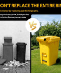 Comparison of old worn trash bins vs yellow bin with new Two Pack CNC Solid Nylon Trash Can Lid Hinge Pins Not 3D Printed.
