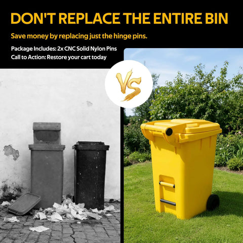 Comparison of old worn trash bins vs yellow bin with new Two Pack CNC Solid Nylon Trash Can Lid Hinge Pins Not 3D Printed.