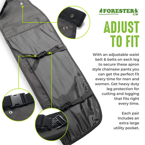Close-up of Pro Grade Arborist Chainsaw Chaps showing black adjustable waist belt and utility pocket.