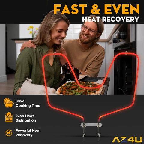 Couple using oven bake element replacement for GE Hotpoint Kenmore ranges WB44K10005 WB44K10001, enjoying pizza.