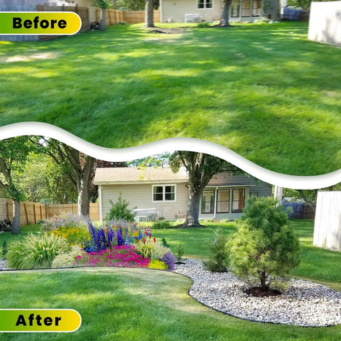 Before and after images showing garden transformation using Heavy Duty Landscape Edging Coil 2 Inch Tall 33 Feet Long Includes 40 Spikes Flexible Border Kit For Lawn Flower Beds And Garden Paths Crack Resistant Heat Resistant Deformation Resistant Black Finish.