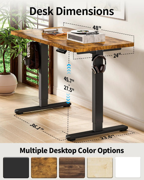 Electric Standing Desk With Memory Presets 48 By 24 Inches Adjustable Sit Stand Computer Desk For Home Office And Gaming Boss Mode Black Frame Rustic Brown Top Sturdy Lift System Built For Heavy Use shown with dimensions and color options.