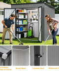 6 By 4 Ft Heavy Duty Metal Storage Shed With Sloped Roof And Lockable Door For All Season Outdoor Storage in Grey, open view showing tools inside, with two people cleaning nearby on grass.
