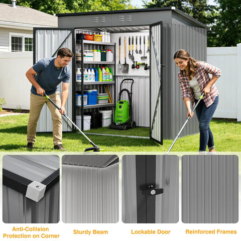6 By 4 Ft Heavy Duty Metal Storage Shed With Sloped Roof And Lockable Door For All Season Outdoor Storage in Grey, open view showing tools inside, with two people cleaning nearby on grass.