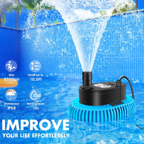 Automatic Pool Cover Pump With Water Sensor For Above Ground Pools, Fast Dry Your Cover After Rain, Sump Pump For Pool Drainage, Includes Four Adapters, 16 Ft Hose, 25 Ft Cord, 850 GPH Blue shown in pool with water flow.