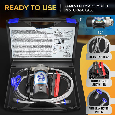Front view of Harpy Eagle electric oil extractor pump kit in an open storage case with hoses and clamps.