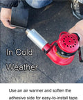Person using a heat gun on 65 Ft By 3 In Self Adhesive Bitumen Patch Tape For Asphalt Crack Sealing And All Weather Repairs Heavy Duty Tarmac Joint Tape For Parking Lots Roofs Driveways And Leaks On Rubber Or Vinyl Surfaces in cold weather