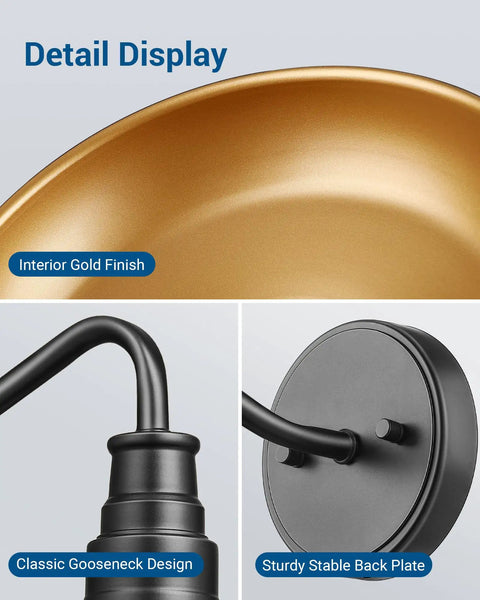 Detail views of Gooseneck Barn Light Outdoor Wall Lantern Matte Black Exterior Sconce With Gold Interior Vintage Farmhouse Vibe Porch Light