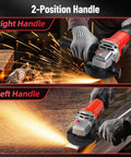 Avhrit red 4-1/2 in angle grinder shown from right- and left-hand views with 2-position handles for cutting and grinding.