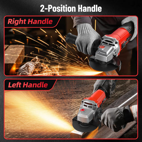 Avhrit red 4-1/2 in angle grinder shown from right- and left-hand views with 2-position handles for cutting and grinding.