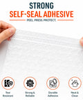 Hands holding Adhesive Bubble Wrap Sheets 12 X 12 Inches, 180 Count, showing self-seal feature with icons for durability