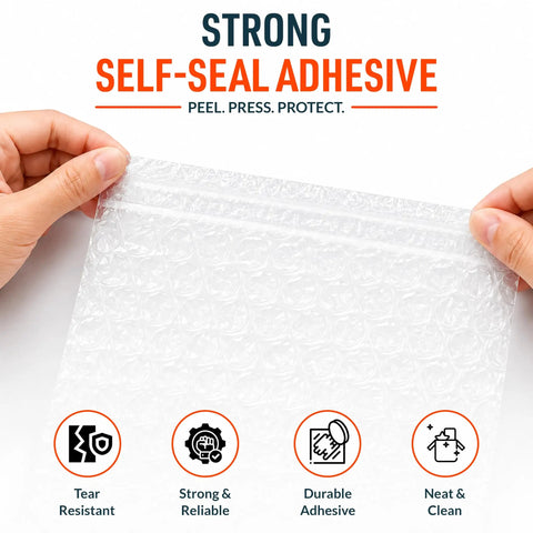 Hands holding Adhesive Bubble Wrap Sheets 12 X 12 Inches, 180 Count, showing self-seal feature with icons for durability