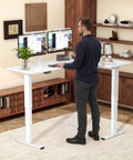 Rock Solid White L Shaped Electric Standing Desk Equipped With Triple Motor Height Adjustment For A Fully Ergonomic Home Office Setup with dual monitors.