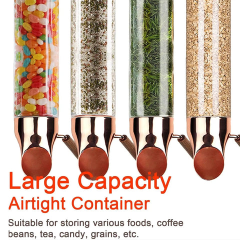 Wall Mounted Coffee Bean Dispenser With Adjustable Pour Spout And Airtight Lid Keeps Your Kitchen Game Strong By Storing Nuts Candy And Tea In Sleek Stainless Steel And Borosilicate Glass Without Making A Mess At All, featuring multiple jars.