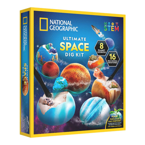 Space Gemstone Dig Kit For Kids With 8 Planet Shaped Bricks And 16 Real Gem And Mineral Specimens box packaging.