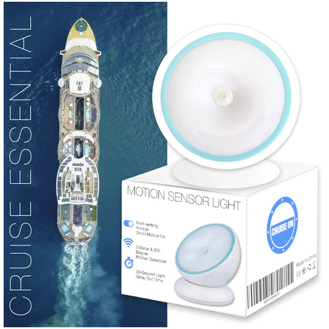 Motion Activated Battery LED Light With Magnetic Base, 360 Degree Rotating Night Lamp box next to aerial cruise ship
