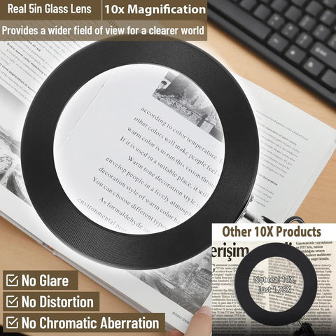 Pro Grade 10X 5 Inch Real Glass Magnifier With LED Light And Stand Stepless Dimmable 3 Color Mode Desk Lamp Adjustable Arm showing 5-inch glass magnifier lens on book