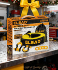 Beefed Up 3 Inch By 30 Foot Tow Strap Recovery Kit With Two Three Quarters Inch D Ring Shackles For Trucks SUVs Set on shelf.
