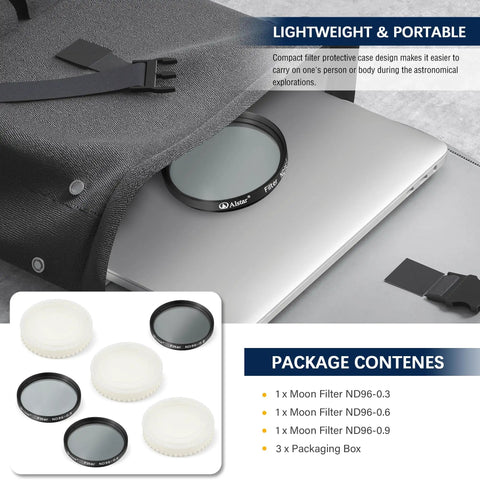 Two Inch Moon Filter Kit For Telescopes With ND96 0.9 0.6 0.3 Neutral Density Filters next to laptop showcasing portability