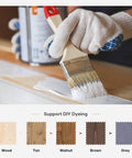 Person applying white paint on wood with brush; supports DIY dyeing in various wood tones, shown at the bottom.
