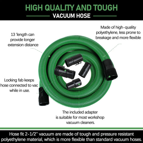 Hose Kit For 1-7/8 Inch Vacuums With Universal 2-1/2 Inch Adapters, 13 Foot Wet Dry Vacuum Hose With 6 Fittings, Black and Green