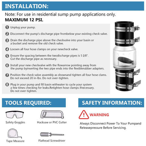 Ceoighe 1-1/2 in sump pump check valve with four stainless steel clamps, front view.
