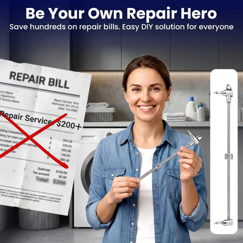 Woman holding Built Like A Tank 304 Stainless Steel Washer Spring Removal Tool For Front Load Washing Machine Boot Gasket Replacement.