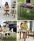 Collage showing 4 Pack Heavy Duty Table Leg Extenders Rock Solid Steel Risers For Folding Tables in various uses.