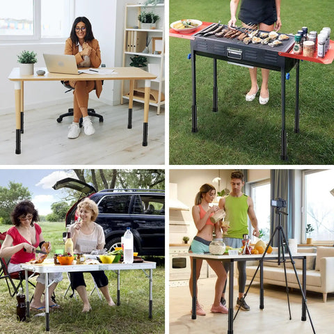 Collage showing 4 Pack Heavy Duty Table Leg Extenders Rock Solid Steel Risers For Folding Tables in various uses.