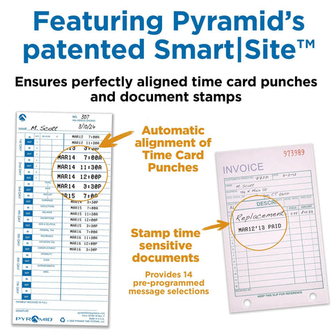 Workhorse Heavy Duty Time Clock And Document Stamp Featuring Smart Led Alignment Dual View Windows For Hassle Free Employee Punch Tracking And No Nonsense Business Attendance Solutions showing aligned time card punches and document stamps.