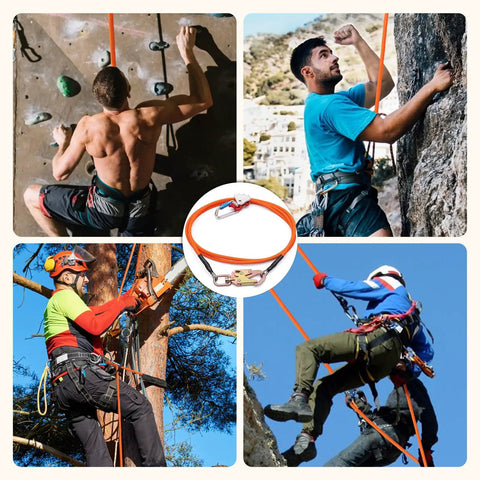 Top Rated 10ft Steel Wire Core Flipline And 3300 Lbs Arborist Positioning Lanyard Kit featuring climbers using lanyard for tree and rock work.