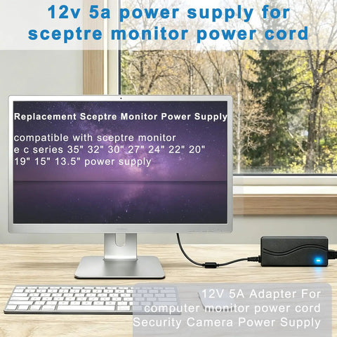 Desktop setup with monitor, keyboard, and 12V 5A CCTV Power Supply for Security Cameras, Worldwide 100 to 240V AC Input.