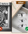 Before and after image showing tangled cords versus neatly organized cables using Silicone Cable Ties 10 Pack Reusable Wire Wraps For Office And Home Use, Multipurpose Cable Management For Charging Cords, Appliances, Kitchen, Travel, School, And More.